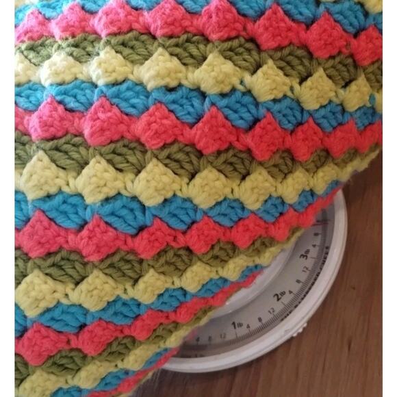 Vintage Handmade Crochet Afghan Blanket Blue Green Pink Yellow Neon 68”x 51" - Picture 12 of 13